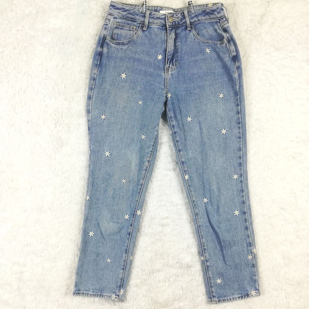 Pacsun Womens Mom Jeans Embroidered Flower Daisy Denim‎ Blue Garden Prairie 25